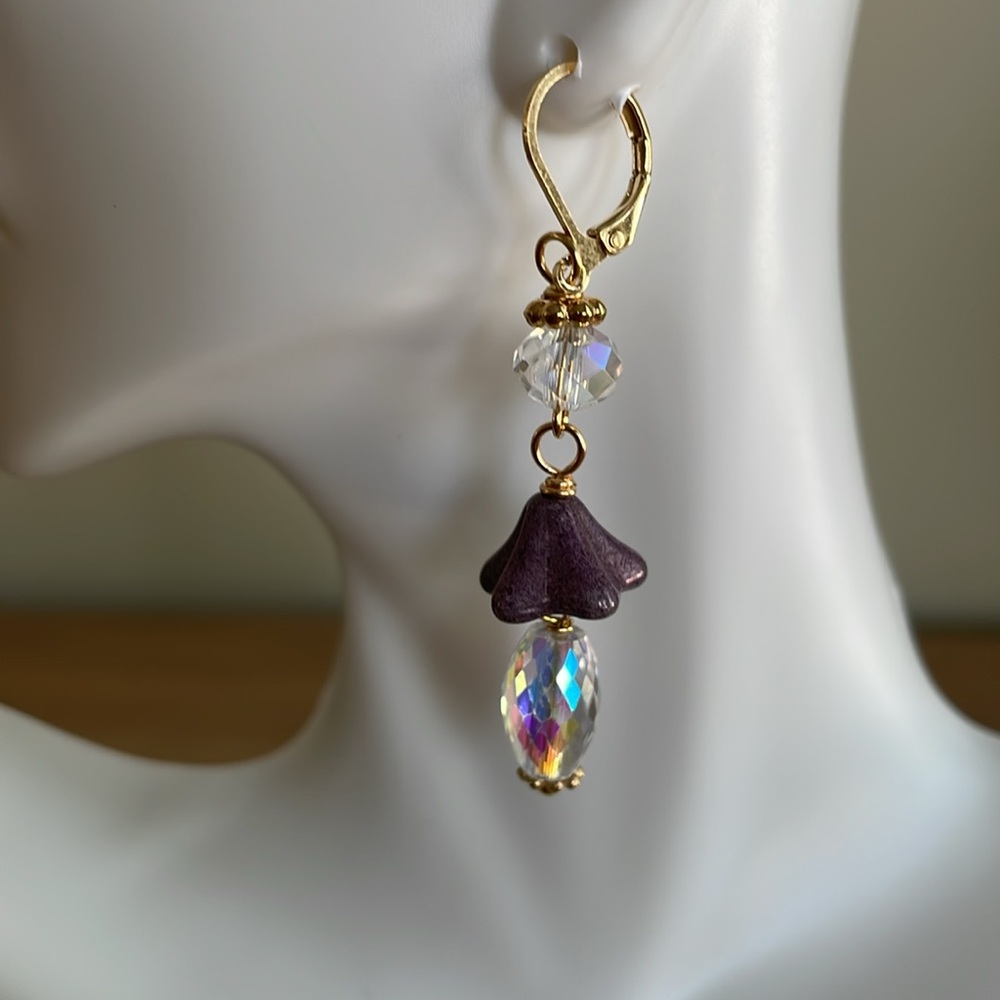 HAND CRAFTED PIERCED EARRINGS Dangling AB Crystals Purple Czech Beads - Picture 3 of 12